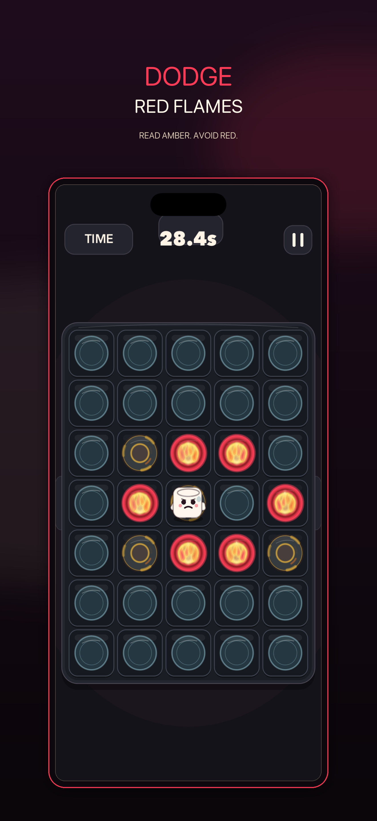 Don't Get Cooked gameplay screen with amber warnings and red flame tiles