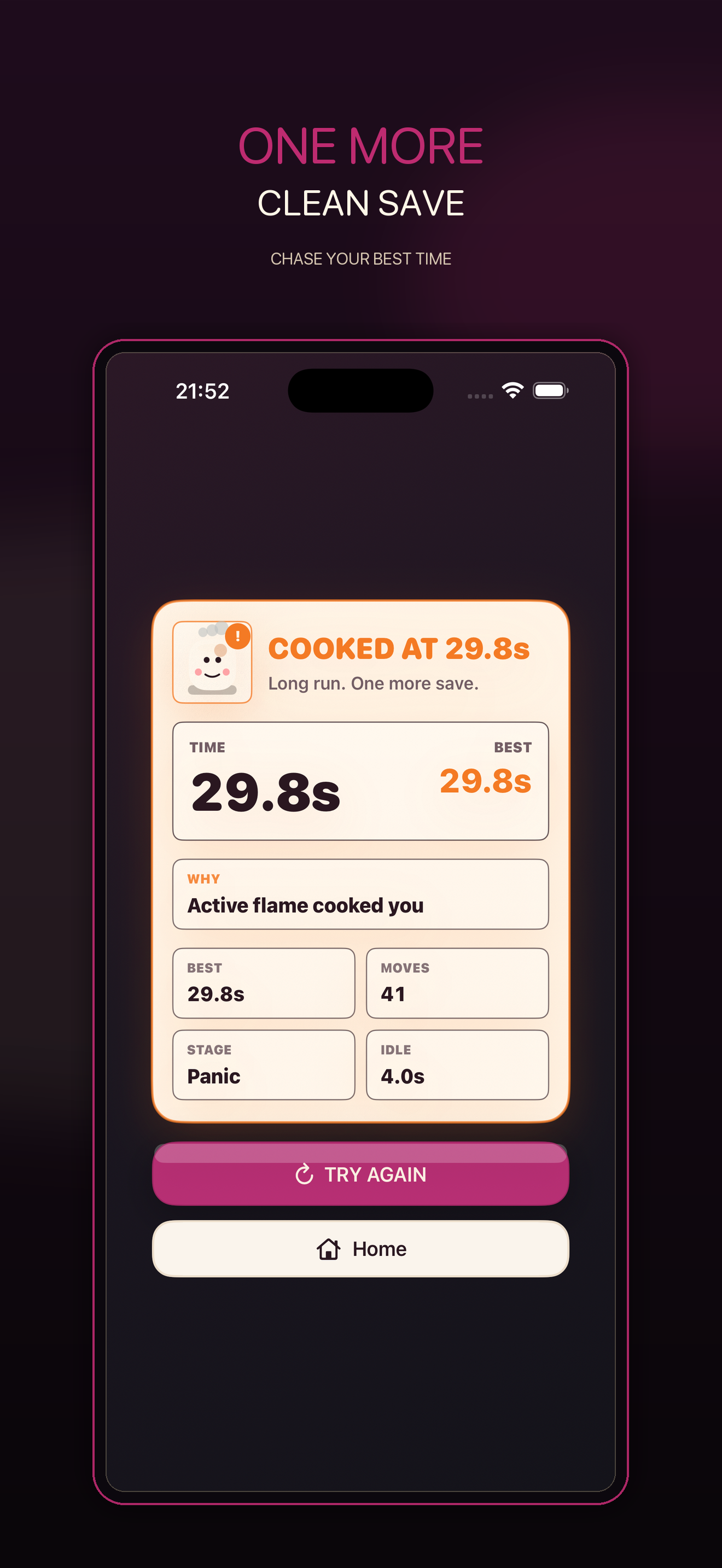 Don't Get Cooked result screen with survival time and retry button