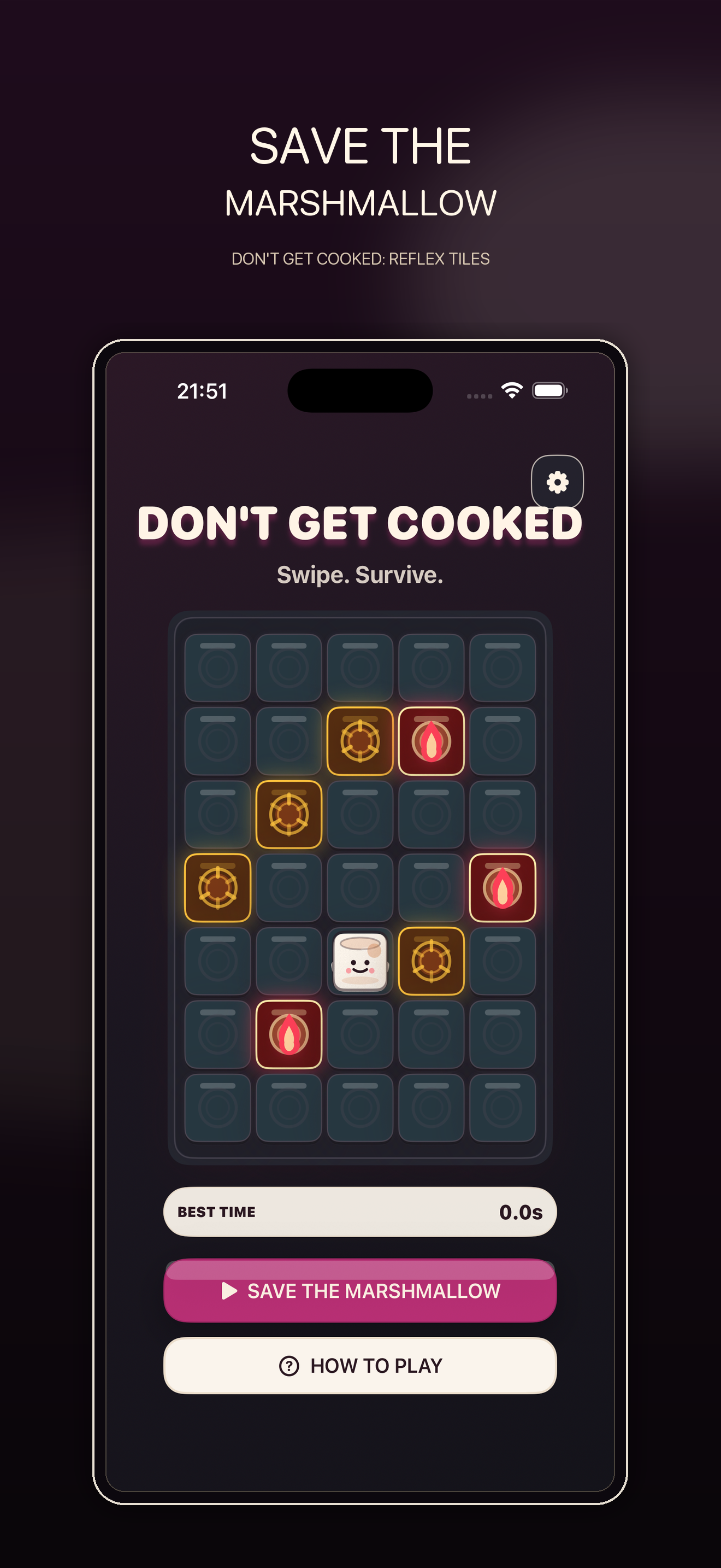 Don't Get Cooked home screen showing the marshmallow survival challenge